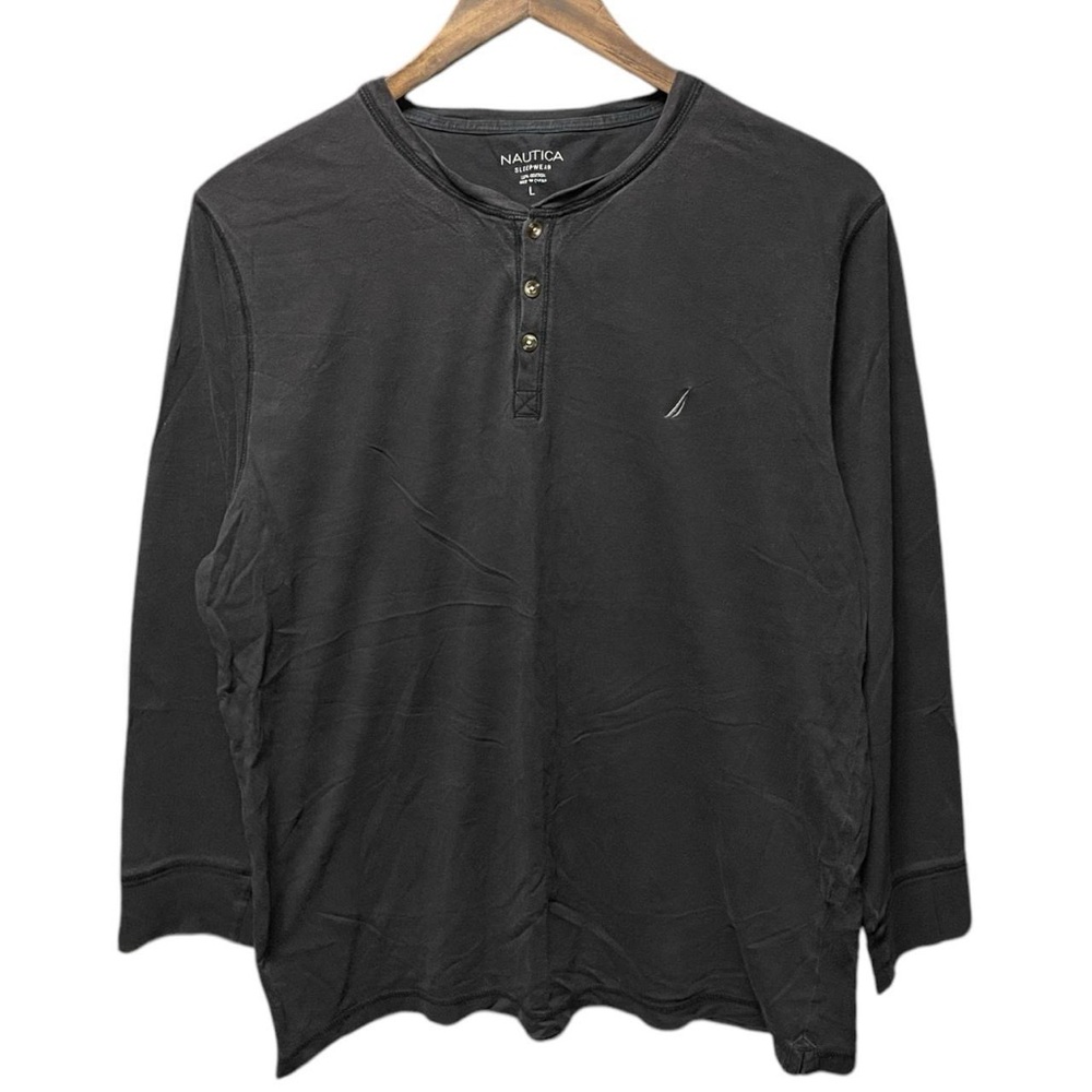 plain blank faded black Nautica long sleeve Henley style fall winter work shirt